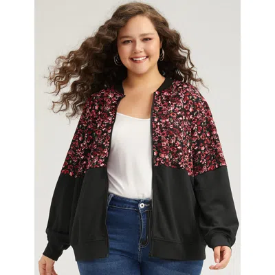Bloomchic Women's Plus Size Ditsy Floral Patchwork Zipper Elastic Cuffs Jacket Black Elastic Cuffs 14-16/1x