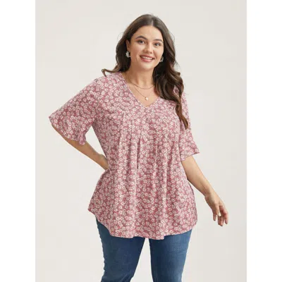 Bloomchic Women's Plus Size Ditsy Floral Pleated Flared Sleeve Shirt Blush Ditsy Floral Elegant Half Sleeve 10 In Pink
