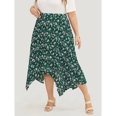 Bloomchic Women's Plus Size Ditsy Floral Pleated Hanky Hem Skirt Darkgreen Asymmetrical Dailywear 14-16/1x In Green