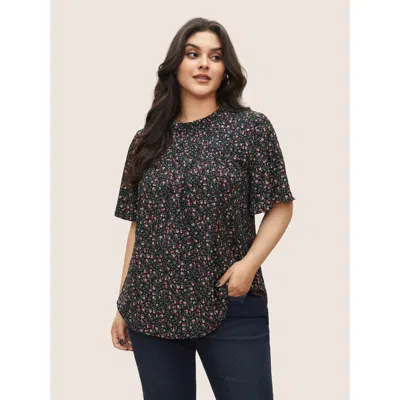 Bloomchic Women's Plus Size Ditsy Floral Plicated Detail Frill Trim Blouse Black Ditsy Floral Elegant Short Sl