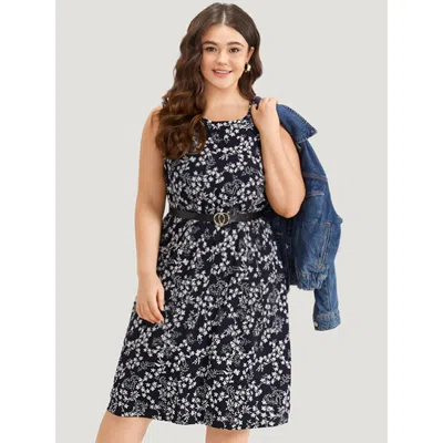 Bloomchic Women's Plus Size Ditsy Floral Pocket Crew Neck Tank Dress Navy Dailywear Printed 30/6x In Blue