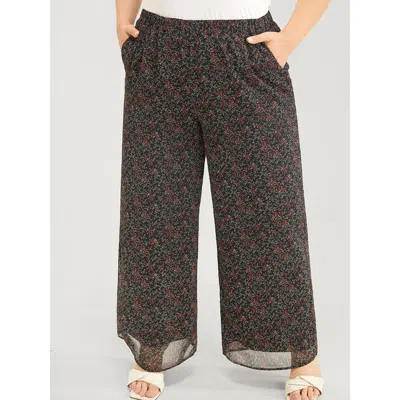 Bloomchic Women's Plus Size Ditsy Floral Pocket Elastic Waist Pants Black Mid Rise Dailywear 12/l