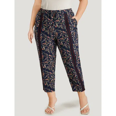 Bloomchic Women's Plus Size Ditsy Floral Pocket Elastic Waist Ties Patchwork Pants Indigo High Rise Dailywear  In Purple