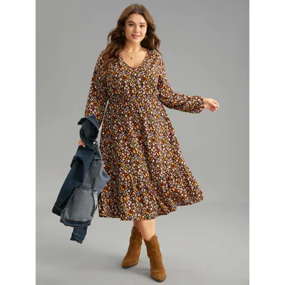 Bloomchic Women's Plus Size Ditsy Floral Pocket Lantern Sleeve Ruffle Hem Dress Black Dailywear Elastic Cuffs 