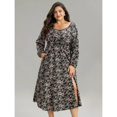 Bloomchic Women's Plus Size Ditsy Floral Pocket Plicated Detail Split Side Dress Black Dailywear Elastic Cuffs