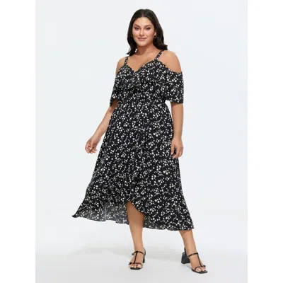 Bloomchic Women's Plus Size Ditsy Floral Pocket Wrap Cold Shoulder Ruffle Dress Blackflower Ditsy Floral Midi 