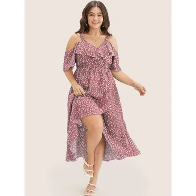 Bloomchic Women's Plus Size Ditsy Floral Pocket Wrap Cold Shoulder Ruffle Dress Dustypink Ditsy Floral Midi El In Pink