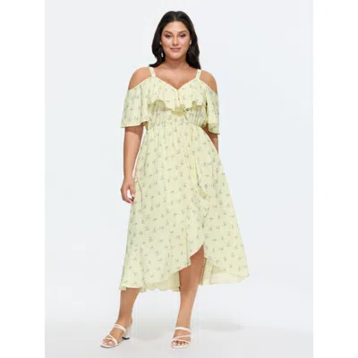 Bloomchic Women's Plus Size Ditsy Floral Pocket Wrap Cold Shoulder Ruffle Dress Lightyellow Ditsy Floral Midi 