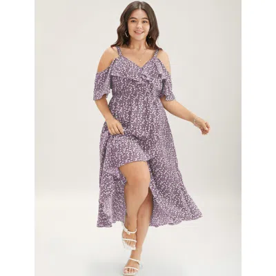 Bloomchic Women's Plus Size Ditsy Floral Pocket Wrap Cold Shoulder Ruffle Dress Mauve Ditsy Floral Midi Elegan In Purple