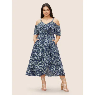 Bloomchic Women's Plus Size Ditsy Floral Pocket Wrap Cold Shoulder Ruffle Dress Navy Ditsy Floral Midi Elegant In Blue