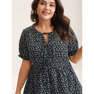 Bloomchic Women's Plus Size Ditsy Floral Print Bow-tie Blouse Black Ditsy Floral Elegant Short Sleeve Tie-neck