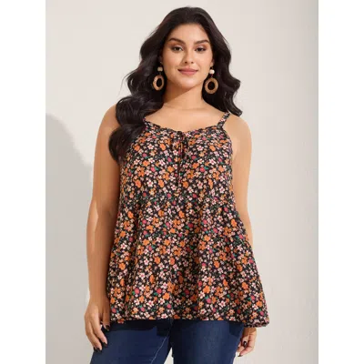 Bloomchic Women's Plus Size Ditsy Floral Print Cami Tiered Tank Top Blackflower Vacation Relaxed Fit A-line V-
