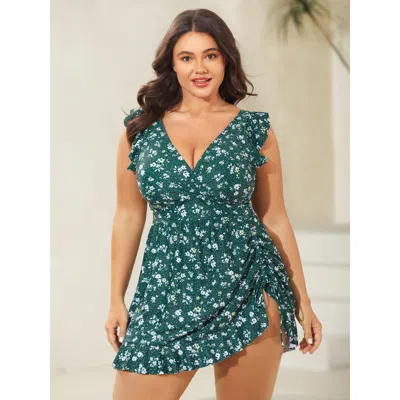 Bloomchic Women's Plus Size Ditsy Floral Print Drawstring Swim Dress Darkgreen Ditsy Floral Ruched Adaptive-fi In Green