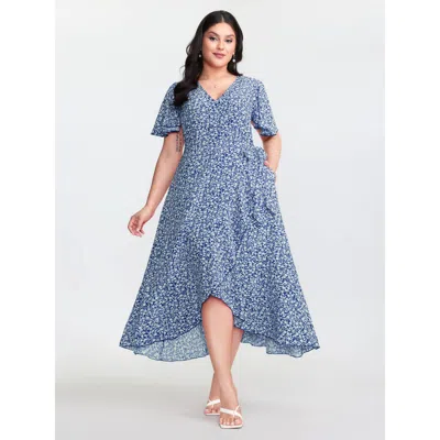 Bloomchic Women's Plus Size Ditsy Floral Print Flared Sleeve Maxi Dress Indigo Ditsy Floral Maxi Elegant Overl In Purple