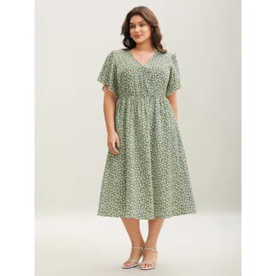 Bloomchic Women's Plus Size Ditsy Floral Print Flared Sleeve Midi Dress Greenbean Ditsy Floral Midi Elegant 14