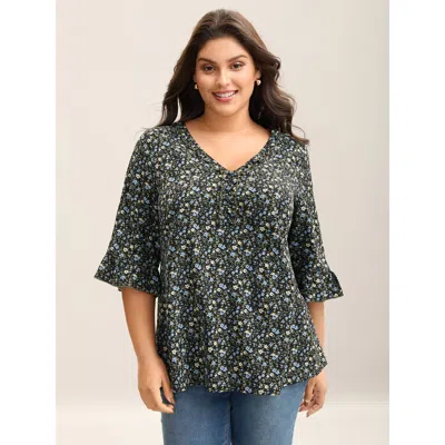 Bloomchic Women's Plus Size Ditsy Floral Print Frill Trim Blouse Multicolor Ditsy Floral Elegant 3/4 Sleeve V-