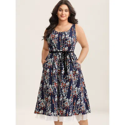 Bloomchic Women's Plus Size Ditsy Floral Print Lace Hem Midi Dress Indigo Ditsy Floral Midi Elegant 30/6x In Purple
