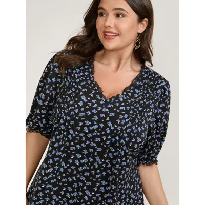 Bloomchic Women's Plus Size Ditsy Floral Print Lace Trim Blouse Black Ditsy Floral Elegant Extra Long Sleeve 2