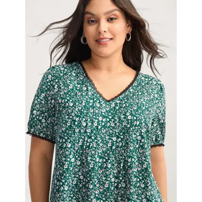 Bloomchic Women's Plus Size Ditsy Floral Print Lace Trim Blouse Darkgreen Ditsy Floral Elegant Short Sleeve 14 In Green