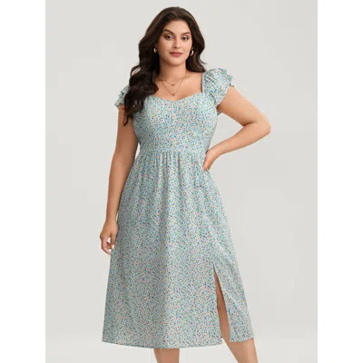Bloomchic Women's Plus Size Ditsy Floral Print Layered Ruffle Midi Dress Skyblue Ditsy Floral Midi Elegant Sli In Blue
