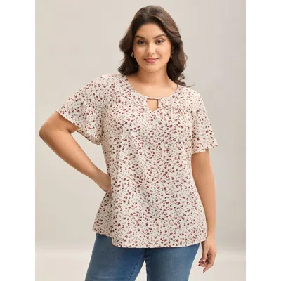 Bloomchic Women's Plus Size Ditsy Floral Print Lotus Leaf Sleeve Shirt Beige Ditsy Floral Elegant Short Sleeve In Sand