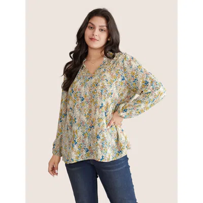 Bloomchic Women's Plus Size Ditsy Floral Print Notched Lantern Sleeve Blouse Ivory Everyday Long Sleeve 12/l In White