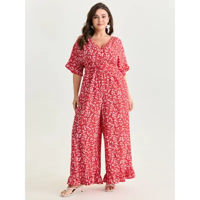Bloomchic Women's Plus Size Ditsy Floral Print Ruffled Hem Jumpsuit Crimson Elegant 10/m In Red