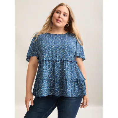 Bloomchic Women's Plus Size Ditsy Floral Print Ruffled Tiered Blouse Mediumblue Ditsy Floral Casual Short Slee