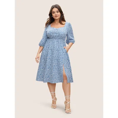 Bloomchic Women's Plus Size Ditsy Floral Print Square Neck Split Hem Dress Cerulean Ditsy Floral Midi Elegant  In Blue