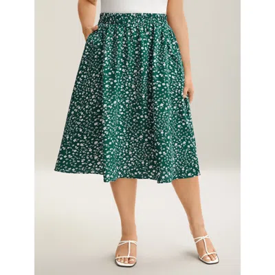 Bloomchic Women's Plus Size Ditsy Floral Print Stretchy Flared Midi Skirt Darkgreen Flared Elegant 30/6x In Green
