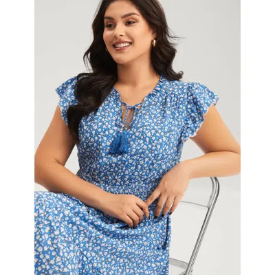 Bloomchic Women's Plus Size Ditsy Floral Print Stretchy Waist Midi Dress Skyblue Ditsy Floral Knee Vacation 30 In Blue