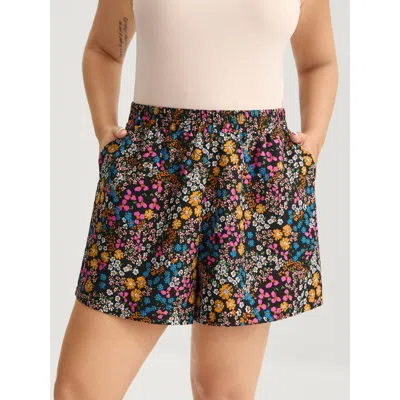 Bloomchic Women's Plus Size Ditsy Floral Print Stretchy Waist Shorts Blackflower Casual Wide Leg Smocked Short