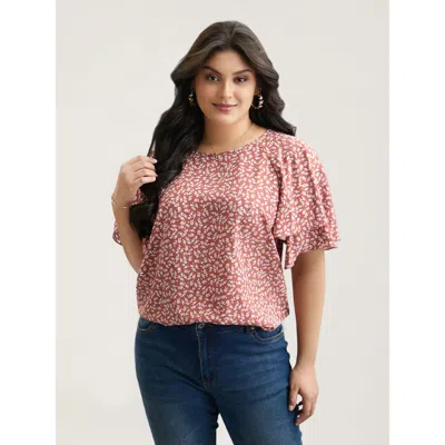 Bloomchic Women's Plus Size Ditsy Floral Print Tiered Lotus Leaf Sleeve Shirt Rouge Ditsy Floral Elegant Short In Red