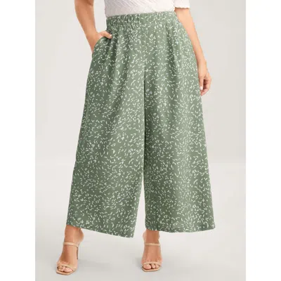 Bloomchic Women's Plus Size Ditsy Floral Print Wide-leg Pants Lightgreen Ditsy Floral Wide Leg Mid Rise Elegan