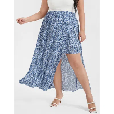 Bloomchic Women's Plus Size Ditsy Floral Printed Irregular Loose Skirt Lightblue Gathered Dailywear 30/6x In Blue