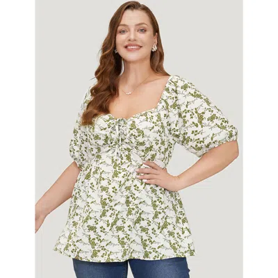 Bloomchic Women's Plus Size Ditsy Floral Puff Sleeve Ruched Drawstring Blouse Ivory Dailywear Half Sleeve 14-1 In White