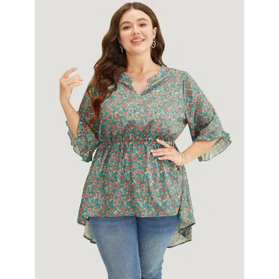 Bloomchic Women's Plus Size Ditsy Floral Ruffle Sleeve Notched High Low Hem Blouse Emerald Ditsy Floral Dailyw In Green