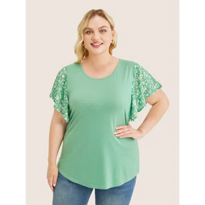 Bloomchic Women's Plus Size Ditsy Floral Ruffle Sleeve Round Neck T-shirt Mint Ditsy Floral Everyday Short Sle In Green