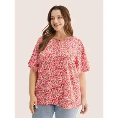 Bloomchic Women's Plus Size Ditsy Floral Ruffle Sleeve Tie Neck Blouse Crimson Ditsy Floral Everyday Short Sle In Red