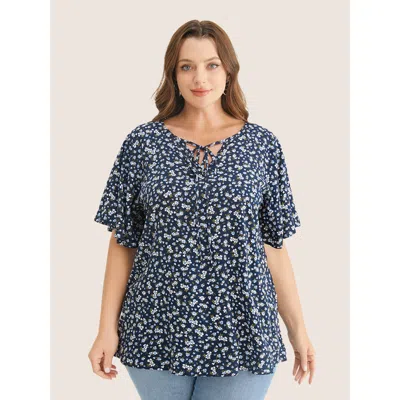 Bloomchic Women's Plus Size Ditsy Floral Ruffle Sleeve Tie Neck Blouse Indigo Ditsy Floral Everyday Short Slee In Purple