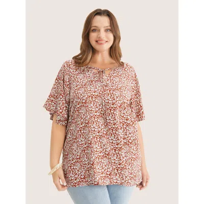 Bloomchic Women's Plus Size Ditsy Floral Ruffle Sleeve Tie Neck Blouse Maroon Ditsy Floral Everyday Short Slee In Burgundy