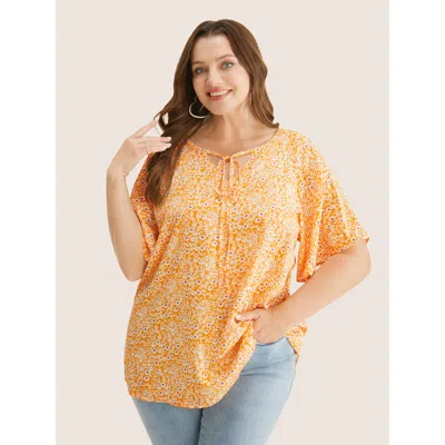 Bloomchic Women's Plus Size Ditsy Floral Ruffle Sleeve Tie Neck Blouse Yellow Ditsy Floral Everyday Short Slee