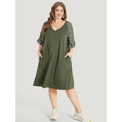 Bloomchic Women's Plus Size Ditsy Floral Ruffle Trim Raglan Sleeve Pocket Dress Armygreen Dailywear Colorblock