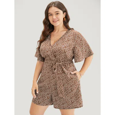 Bloomchic Women's Plus Size Ditsy Floral Ruffle Wrap Pocket Belted Romper Chocolate Dailywear 30/6x In Brown