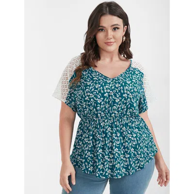 Bloomchic Women's Plus Size Ditsy Floral Ruffles Raglan Sleeve Contrast Lace Blouse Teal Ditsy Floral Dailywea In Blue