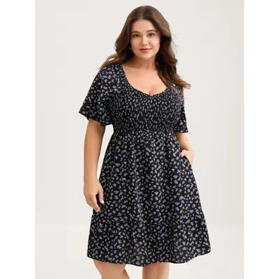 Bloomchic Women's Plus Size Ditsy Floral Shirred Bodice Midi Dress Black Ditsy Floral Short Elegant 30/6x