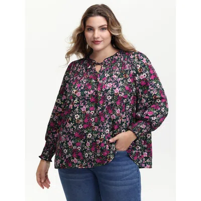 Bloomchic Women's Plus Size Ditsy Floral Shirred Neck Tie Blouse Indigo Floral Elegant Long Sleeve 10/m In Purple