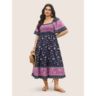 Bloomchic Women's Plus Size Ditsy Floral Shirred Patchwork Ruffle Sleeve Dress Black Floral Midi Vacation Smoc