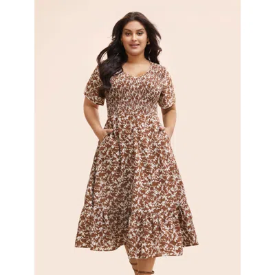 Bloomchic Women's Plus Size Ditsy Floral Shirred Ruffle Hem Dress Browncoffeecolor Ditsy Floral Midi Elegant S