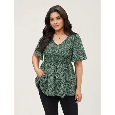 Bloomchic Women's Plus Size Ditsy Floral Shirred Ruffle Sleeve Elastic Waist Blouse Darkgreen Ditsy Floral Ele In Green